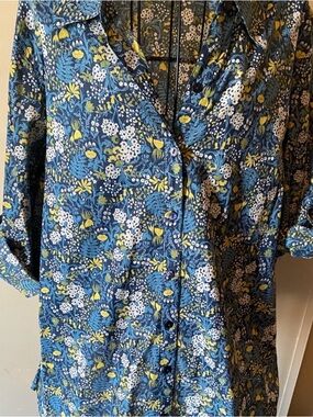 Hannah Teal Blue Shirt with Yellow & White Floral Print 100% Cotton